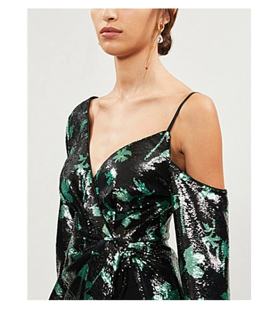 Shop Self-portrait Leaf-print Sequinned Top In Black+green