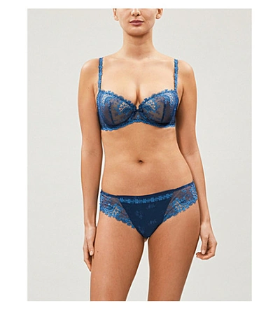 Shop Simone Perele Wish Stretch-tulle And Lace Underwired Half-cup Bra In Petrol Blue