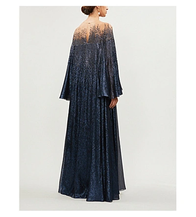 Shop Oscar De La Renta Crystal-embellished Silk-blend Crepe Gown In Navy Navy