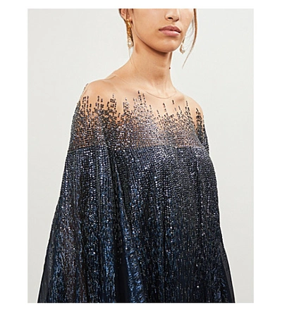 Shop Oscar De La Renta Crystal-embellished Silk-blend Crepe Gown In Navy Navy