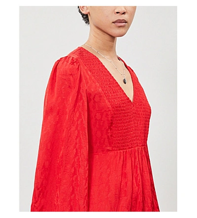 Shop Maje Smocked Leopard-jacquard Dress In Red