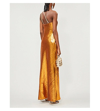 Shop Galvan Roxy Asymmetric Sequinned Gown In Burnished Gold