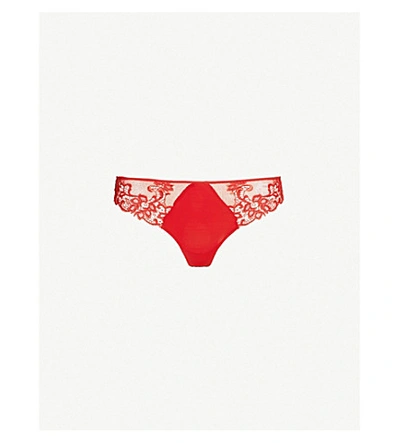 Shop Simone Perele Saga Mesh And Stretch-lace Thong In Ruby