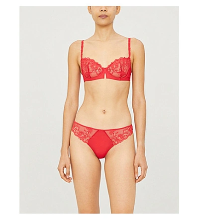Shop Simone Perele Saga Mesh And Stretch-lace Thong In Ruby