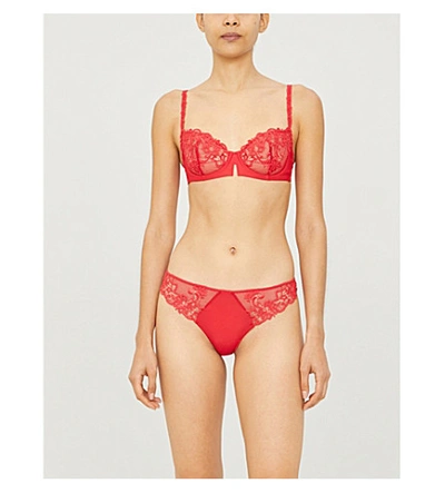 Simone Perele Saga Mesh And Stretch-lace Thong In Ruby