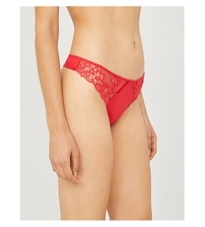 Shop Simone Perele Saga Mesh And Stretch-lace Thong In Ruby