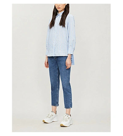 Shop Sandro Striped Pleated-back Cotton-blend And Crepe Shirt In Blue Sky