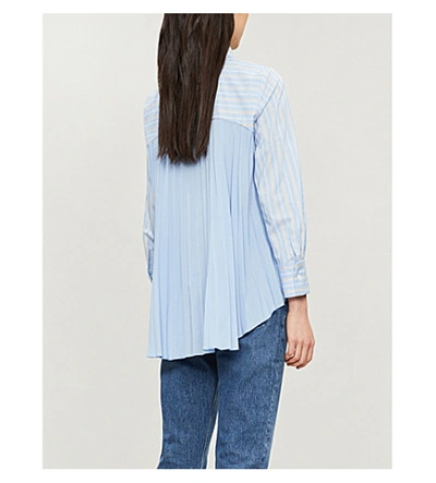 Shop Sandro Striped Pleated-back Cotton-blend And Crepe Shirt In Blue Sky