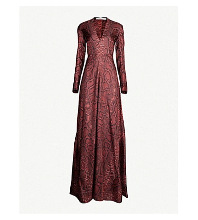 Shop Victoria Beckham Python-print Silk Gown In Bordeaux