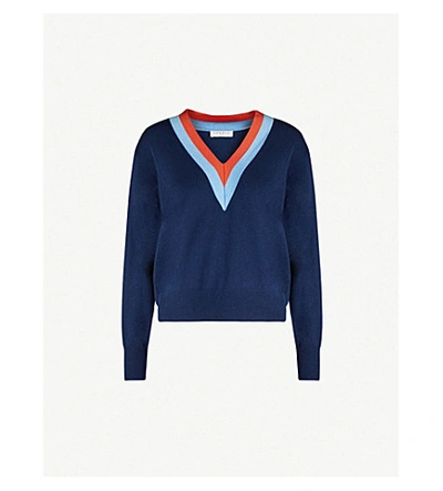Shop Sandro V-neck Wool And Cashmere-blend Jumper In Navy Blue