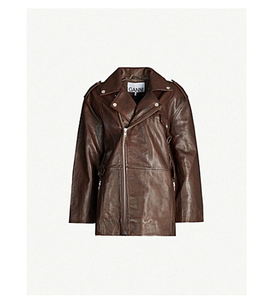 Shop Ganni Buckled Oversized Leather Biker Jacket In Chicory Coffee