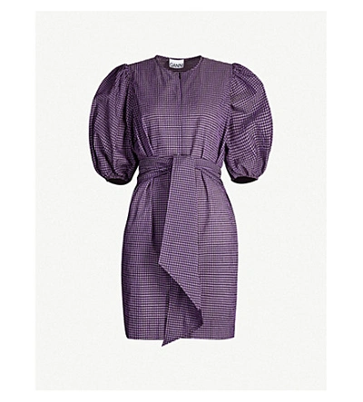 Shop Ganni Puffed-sleeve Checked Cotton-blend Mini Dress In Deep Lavender