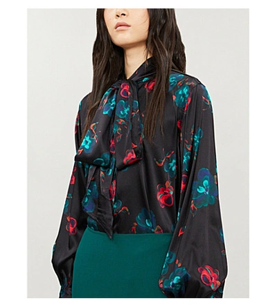 Shop Ganni Floral-print Loose-fit Silk-satin Blouse In Black