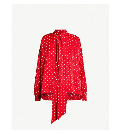 Shop Balenciaga Tied-neck Polka Dot Crepe Shirt In Red/white