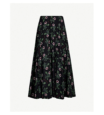 Shop Valentino High-waist Pleated Floral-print Silk Midi Skirt In Black Multi Rose