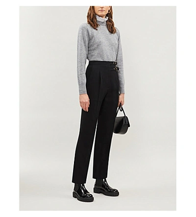 Shop Sandro Buckle High-rise Tapered Crepe Trousers In Black