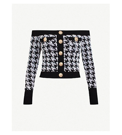 Shop Balmain Houndstooth-print Off-the-shoulder Wool-blend Tweed Top In White Black