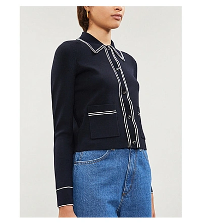 Shop Sandro Sailor Piped-trim Knitted Cardigan In Navy Blue