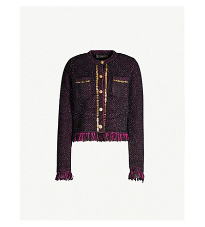 Shop Versace Fringe-trim Metallic Knitted Cardigan In Nero Fuxia
