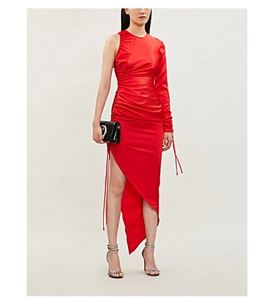 Shop David Koma Asymmetric Ruched Satin Midi Dress In Red