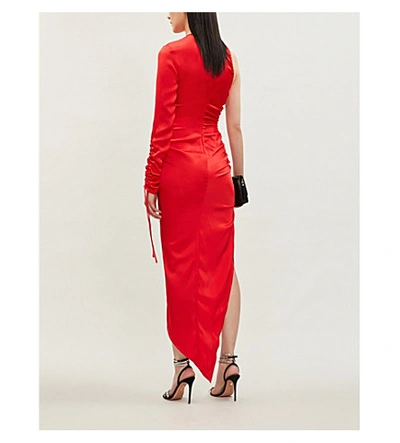 Shop David Koma Asymmetric Ruched Satin Midi Dress In Red