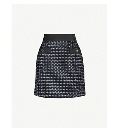 Shop Sandro Checked High-waist Tweed Mini Skirt In Navy Blue