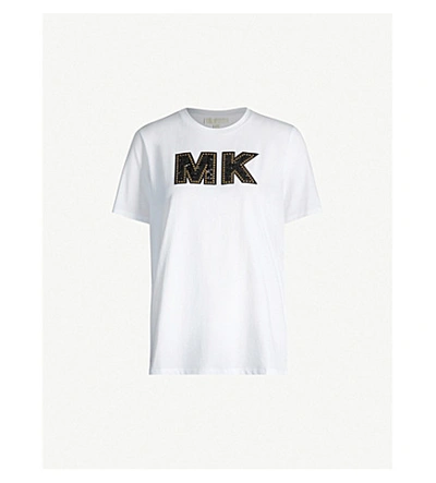 Shop Michael Michael Kors Embellished Logo-appliqué Cotton-jersey T-shirt In White