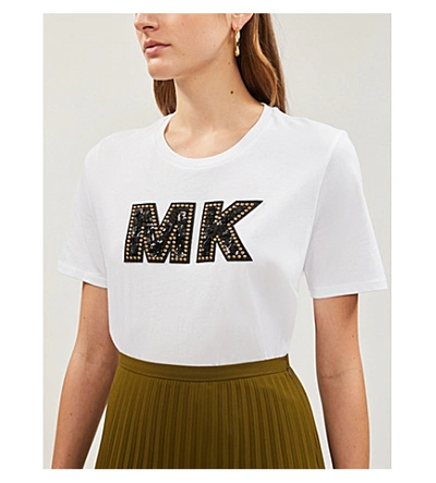 Shop Michael Michael Kors Embellished Logo-appliqué Cotton-jersey T-shirt In White