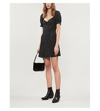 Shop Reformation Drea Polka-dot Crepe Mini Dress In Selene