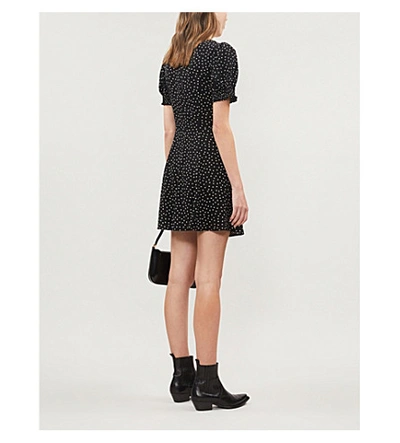 Shop Reformation Drea Polka-dot Crepe Mini Dress In Selene