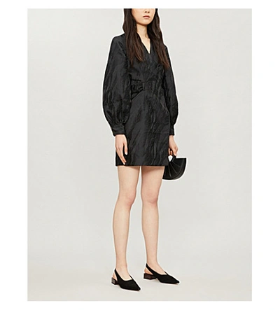 Shop Ganni Graphic-print Jacquard Mini Wrap Dress In Black