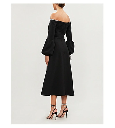Shop Self-portrait Off-shoulder Crepe Midi Dress In Black