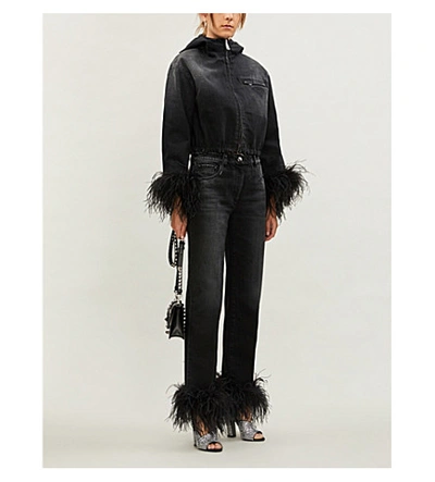 Shop Prada Feather-trimmed Straight High-rise Jeans In Black Black