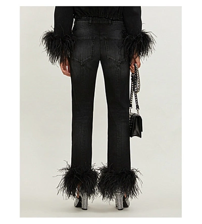 Shop Prada Feather-trimmed Straight High-rise Jeans In Black Black