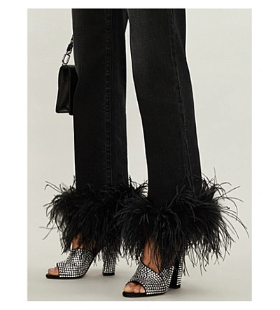 Shop Prada Feather-trimmed Straight High-rise Jeans In Black Black