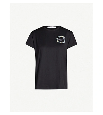 Shop Givenchy Floral-embroidered Logo-print Cotton-jersey T-shirt In Black