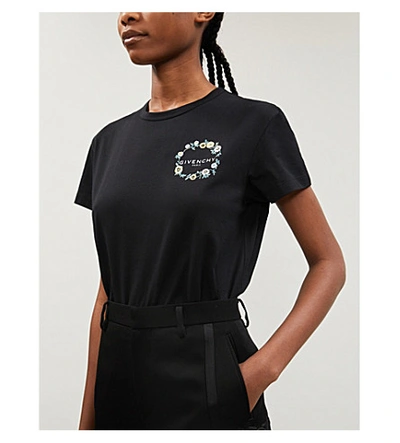 Shop Givenchy Floral-embroidered Logo-print Cotton-jersey T-shirt In Black