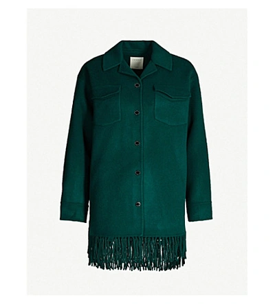 Shop Sandro Fringed-trim Wool-blend Jacket In Bottle Green