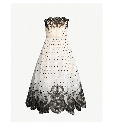 Shop Oscar De La Renta Strapless Embroidered Polka-dot Tulle Gown In Ivory Black