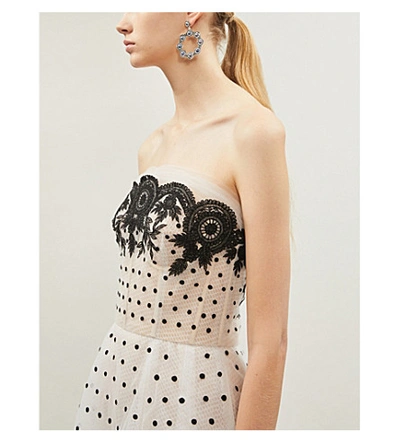 Shop Oscar De La Renta Strapless Embroidered Polka-dot Tulle Gown In Ivory Black