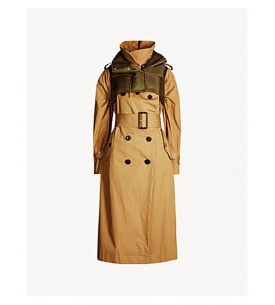 Shop Sacai Padded-gilet Cotton-gabardine Mac Coat In Beigekhaki