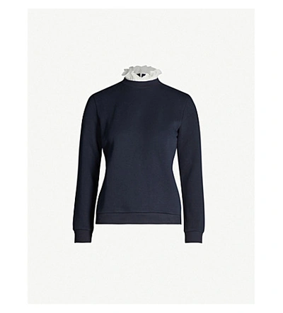 Shop Claudie Pierlot Ruffled-trim Cotton-blend Sweatshirt In Navy
