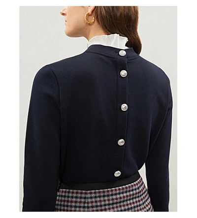 Shop Claudie Pierlot Ruffled-trim Cotton-blend Sweatshirt In Navy