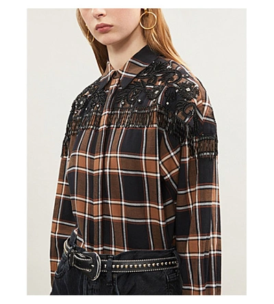 Shop Sandro Checked Embellished Cotton-flannel Shirt In Camel Black