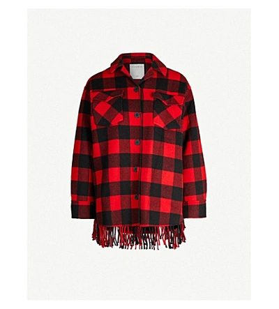 Shop Sandro Fringed-trim Wool-blend Jacket In Red Black