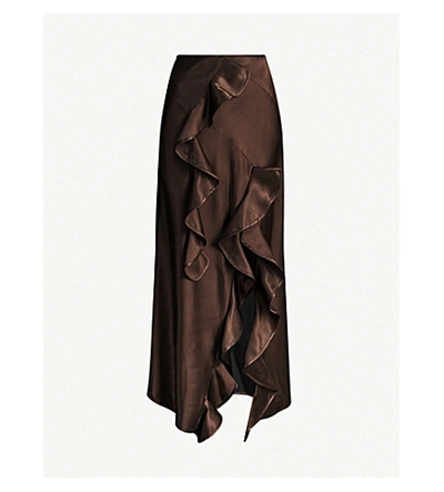 Shop Ellery Salero Asymmetric-hem Satin Midi Skirt In Chocolate