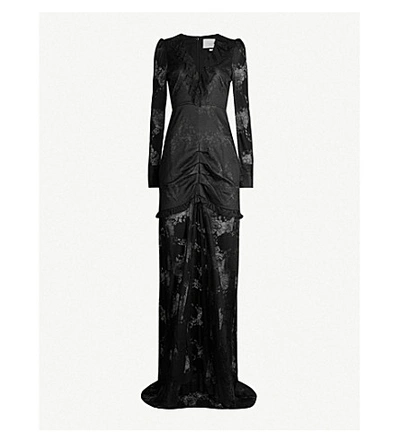 Shop Alexis Lucasta Ruffle-trimmed Ruched Stretch-lace Maxi Dress In Black