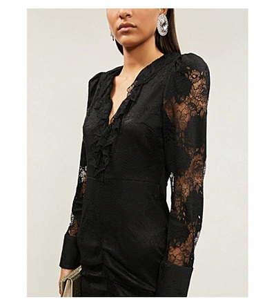 Shop Alexis Lucasta Ruffle-trimmed Ruched Stretch-lace Maxi Dress In Black