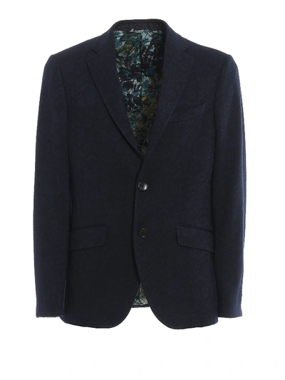 Shop Etro Floral Motif Wool Blend Blazer In Dark Blue