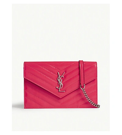 Shop Saint Laurent Neon Monogram Quilted Leather Wallet-on-chain In Neon Pink Silver
